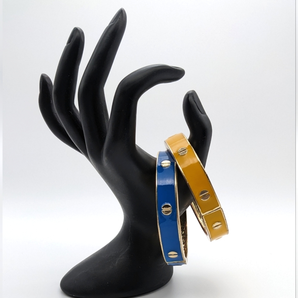 Hinged Bracelets Blue & Yellow Enamel Gold Tone - Picture 3 of 7